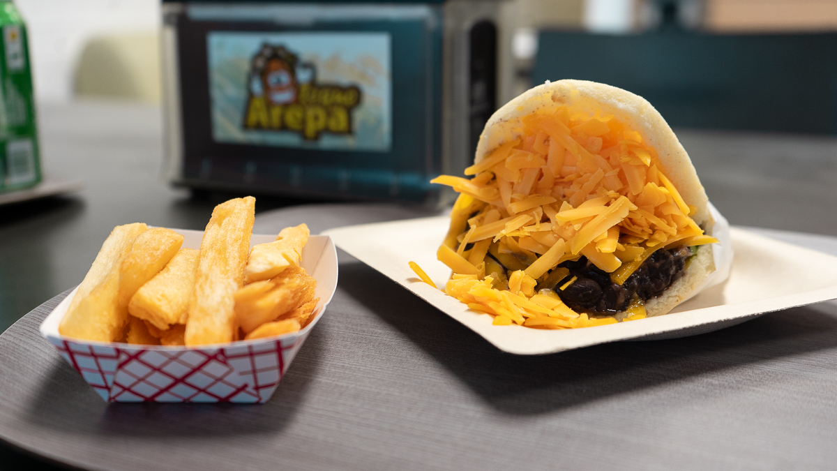 Black bean and cheese Venezuelan arepa with yuca fries at TequeArepa in Eden Prairie, MN.