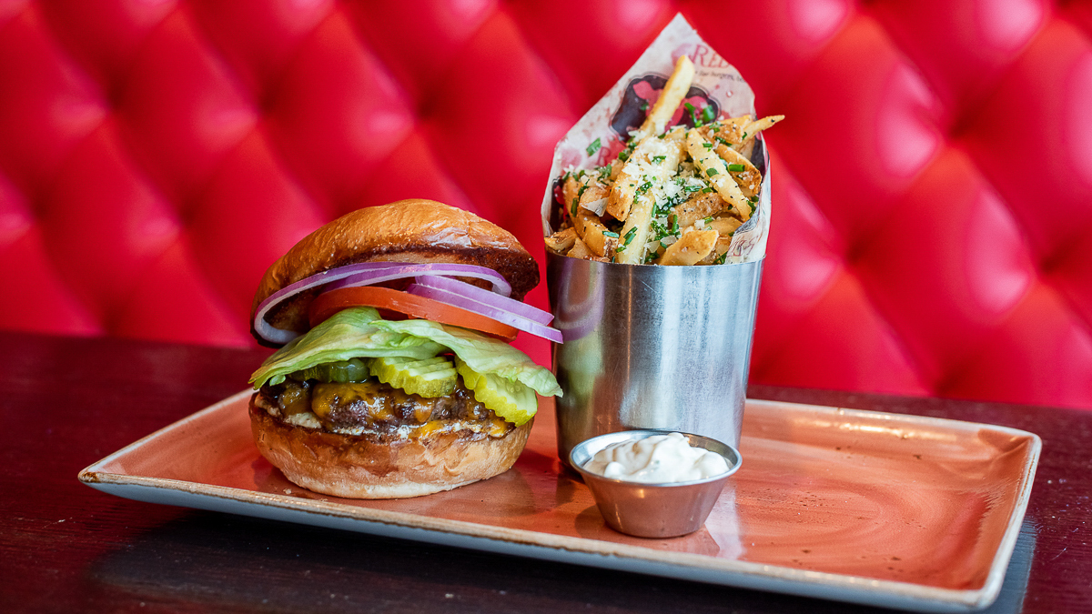 Burger and parmesan herb fries at Red Cow, a restaurant in Edina, MN.