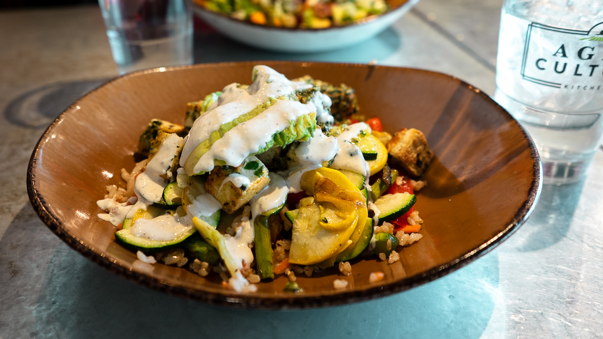 Salad. of greens, rice, avocado, and grilled vegetables at Agra Culture Kitchen in Edina, MN.
